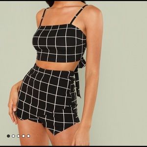 Grid Crop Top and Overlap Front Shorts Set
